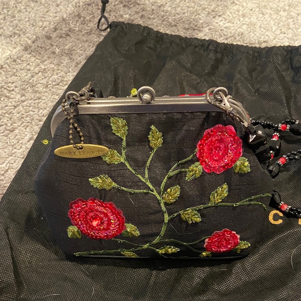Vintage Mary Frances Black Bag with Red Floral Rose Design - Picture 3 of 8